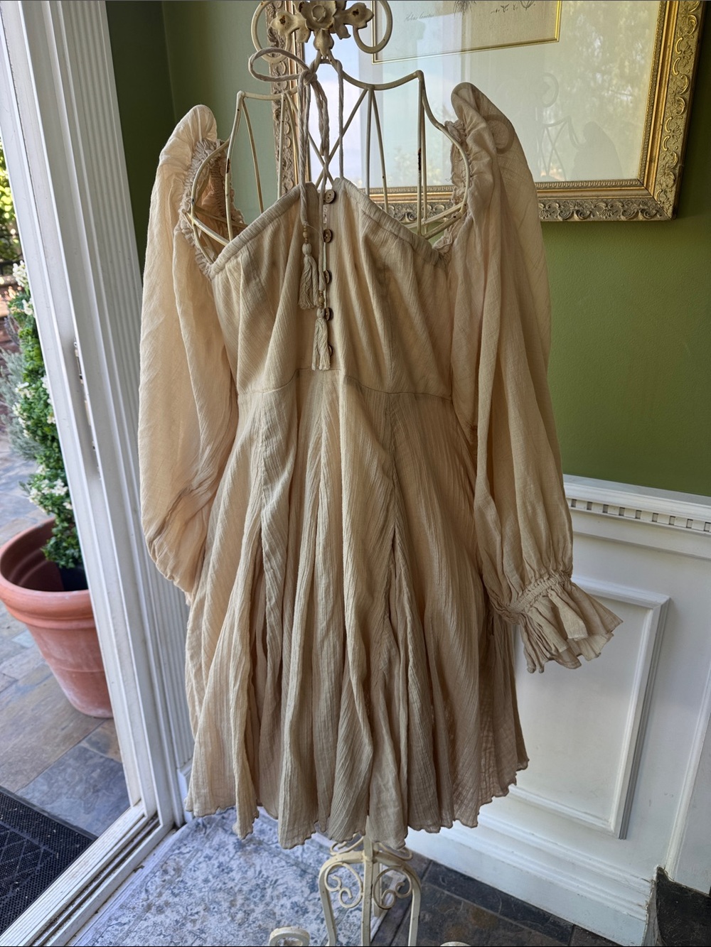 Free People Cream Long Sleeve Boho Mini Dress